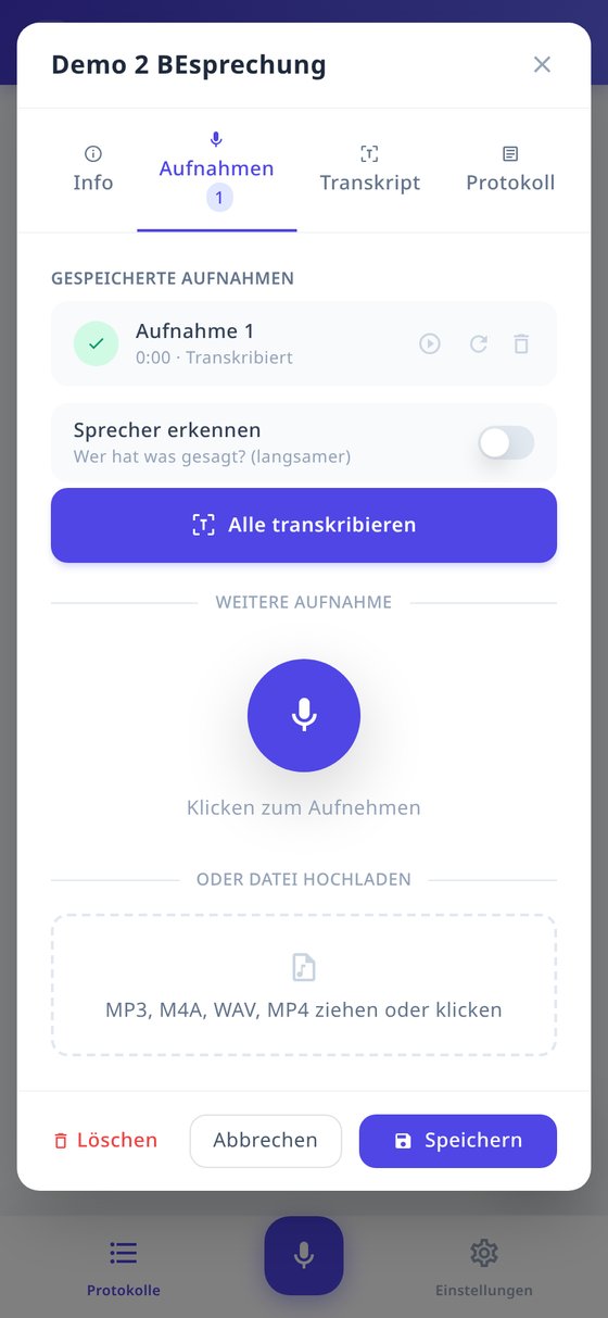 Aufnahme-Ansicht mit Sprechererkennung und Upload