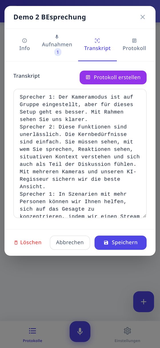 Transkript-Ansicht mit Sprechertrennung