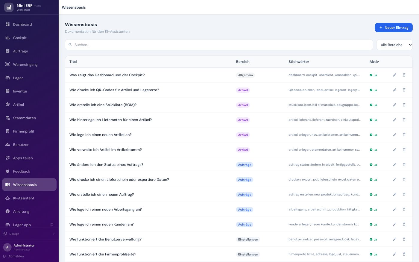 Wissensbasis-Einträge für den KI-Assistenten